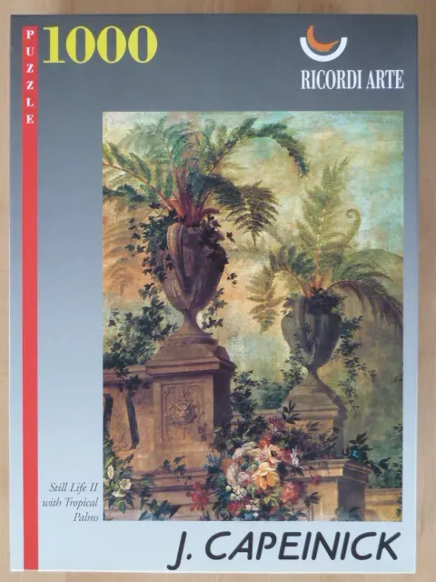 Still life oil painting featuring two ornate stone urns filled with tropical palm fronds on a garden terrace.