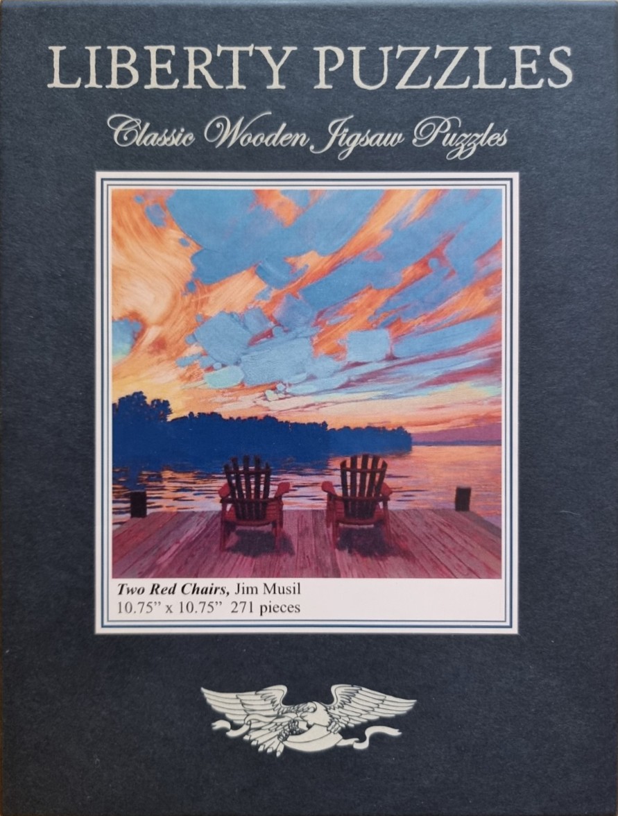 Oil painting of two red Adirondack chairs on a wooden dock overlooking a lake at sunset.
