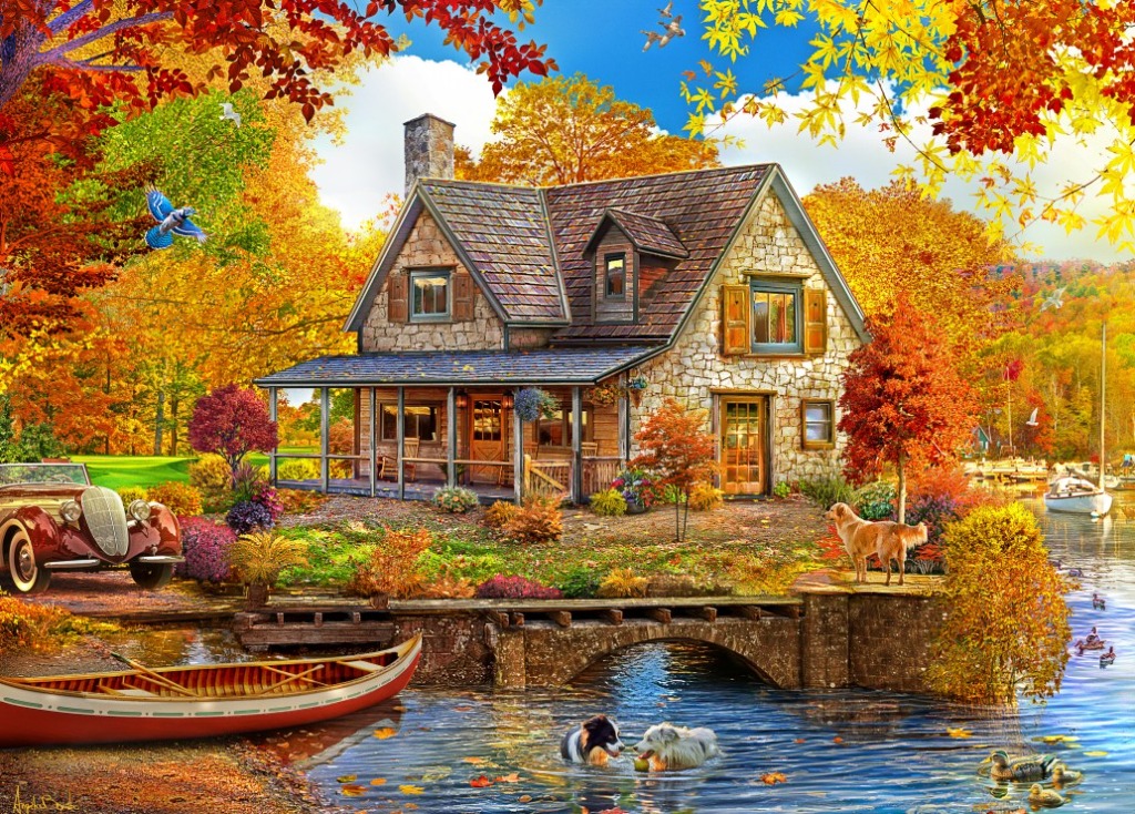 A cozy stone cottage beside a lake in autumn, with dogs playing in the water and a vintage car parked nearby.
