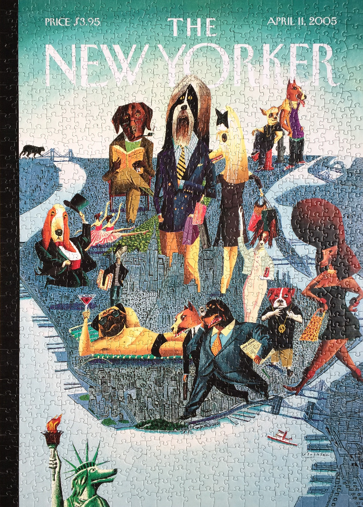 A cartoon illustration of New York City populated by anthropomorphic dogs, mimicking a magazine cover.