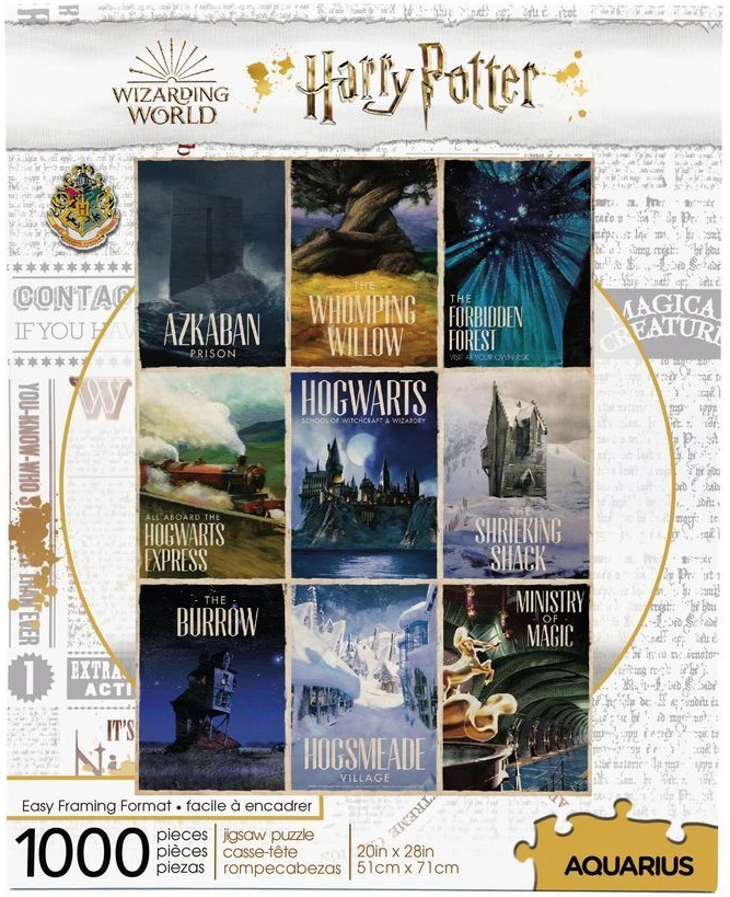 A collage of nine illustrated scenes from the Harry Potter Wizarding World, including locations like Hogwarts and Azkaban.