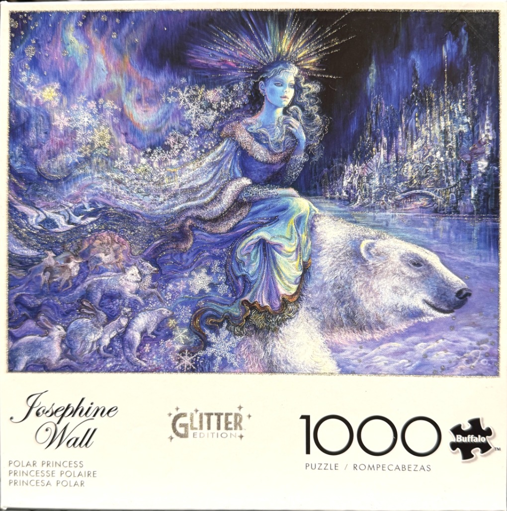 A fantasy illustration of a woman resembling a polar princess riding a large polar bear, surrounded by arctic animals.