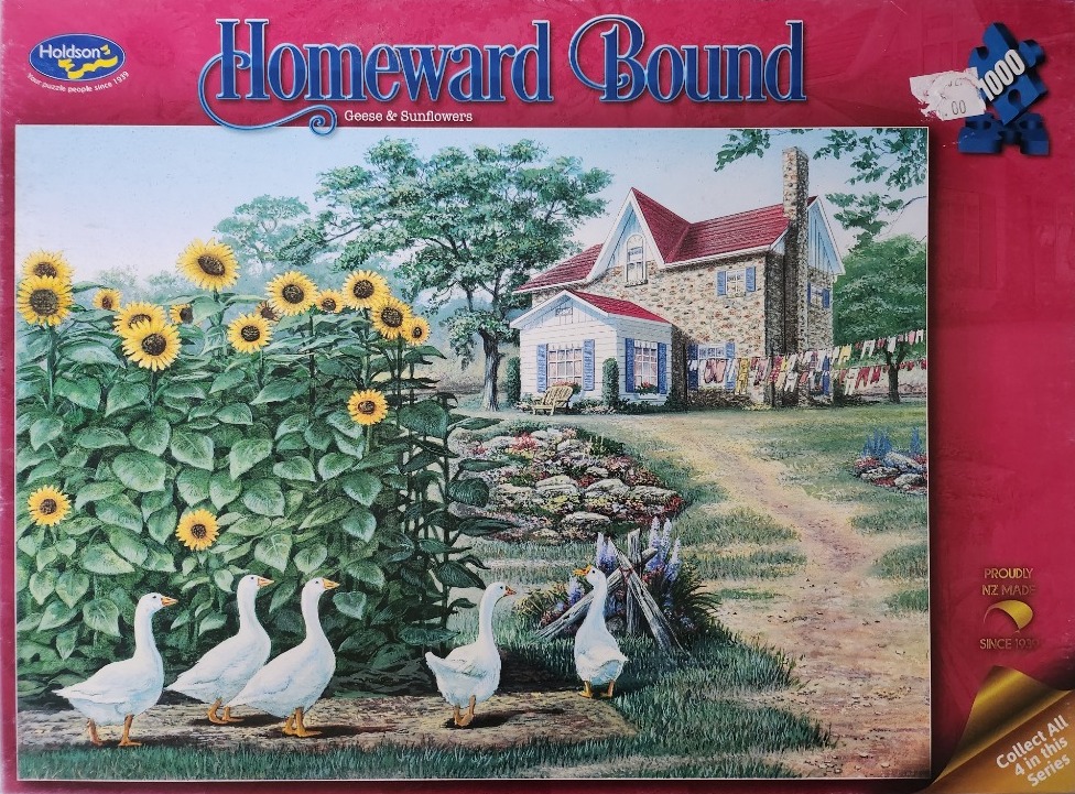 A pastoral scene with a white stone cottage, a garden of sunflowers, and five white geese walking on a dirt path.
