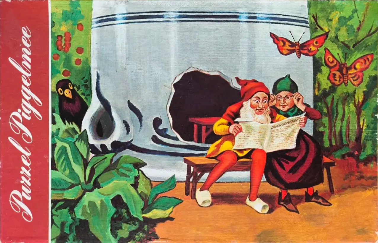 Illustration of two gnomes reading a newspaper outside of a large ceramic pot