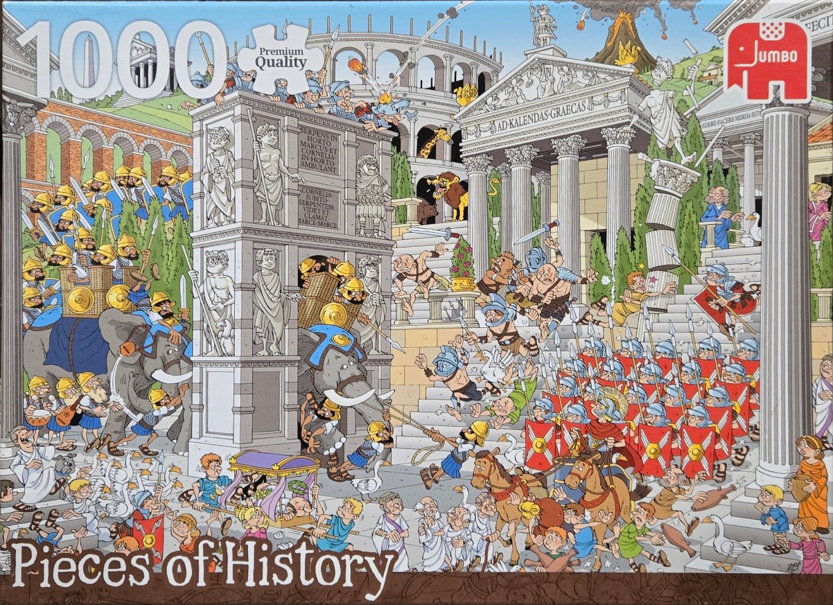 A chaotic, humorous cartoon scene set in Ancient Rome featuring soldiers, elephants, and temples.