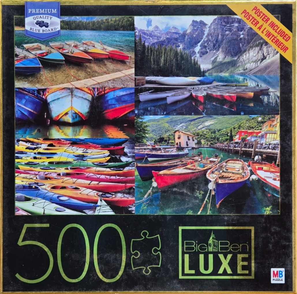A collage of four different scenic photographs featuring colorful boats on calm lakes and docks.