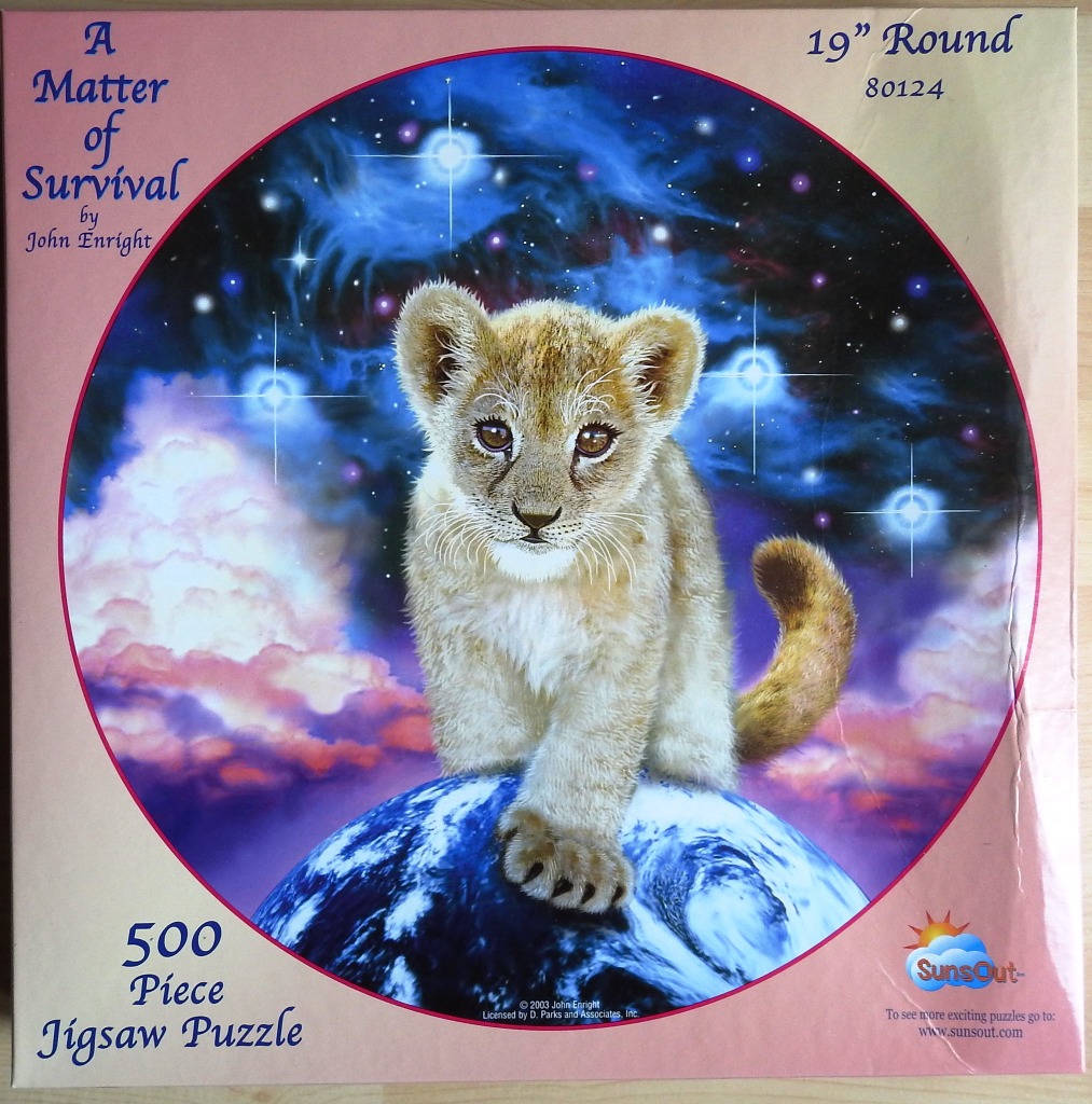 A lion cub sitting on top of the planet Earth against a starry, nebula-filled space background.