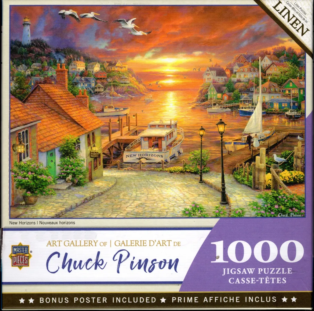 A peaceful coastal harbor village at sunset with boats, a lighthouse, and a cobblestone street.