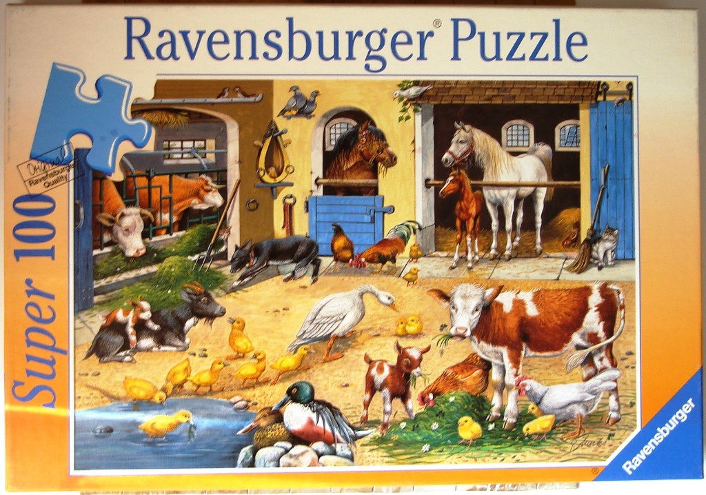 A lively farmyard scene with various animals, including cows, horses, goats, and chickens, in a rustic barn setting.