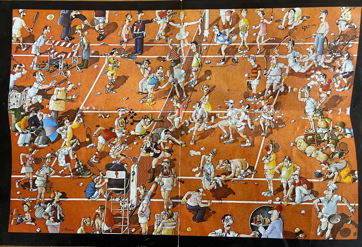 A crowded, chaotic cartoon tennis court filled with many eccentric characters performing absurd activities.