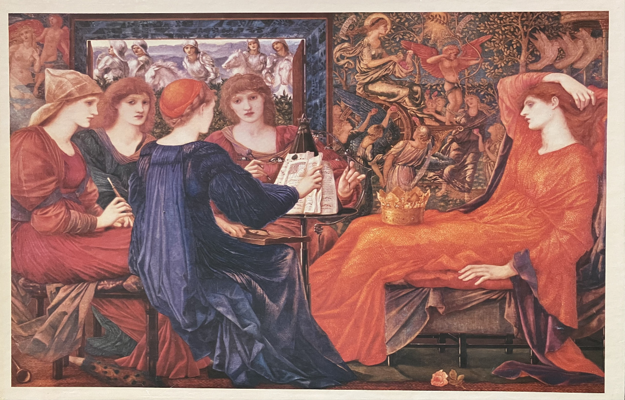 A Pre-Raphaelite painting of four women reading near a fifth woman reclining on a chaise longue in a lush, tapestried room.