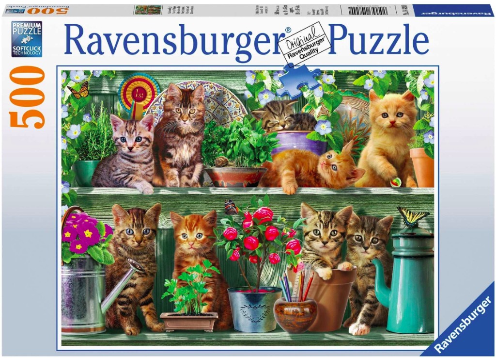 Multiple kittens posing on two wooden shelves filled with potted plants, flowers, and garden decor.