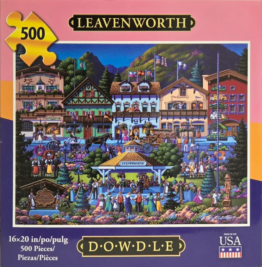 A whimsical folk-art style illustration of a Bavarian-themed village square in Leavenworth.