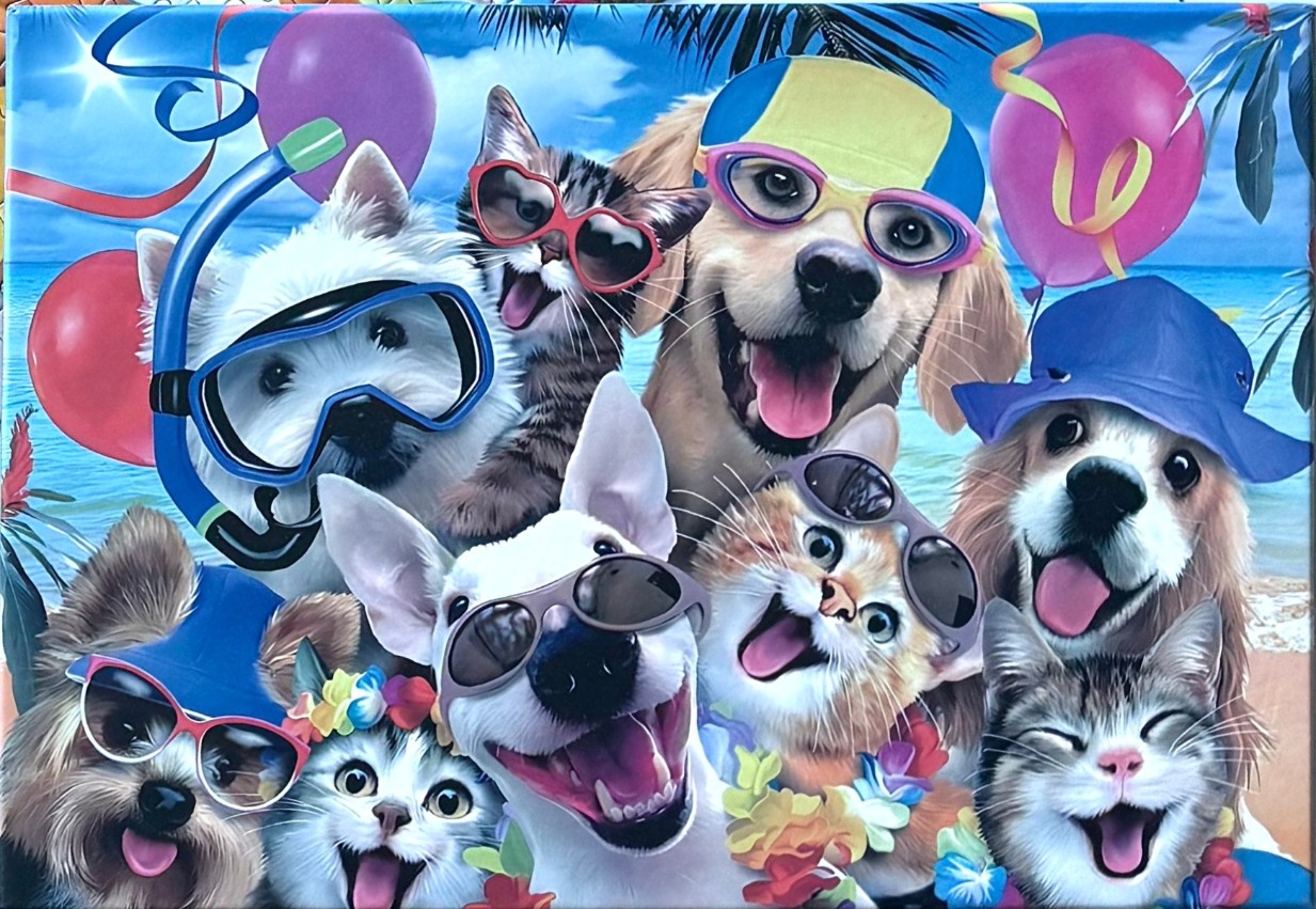 A group of dogs and cats wearing sunglasses, swim goggles, hats, and leis on a sunny tropical beach.