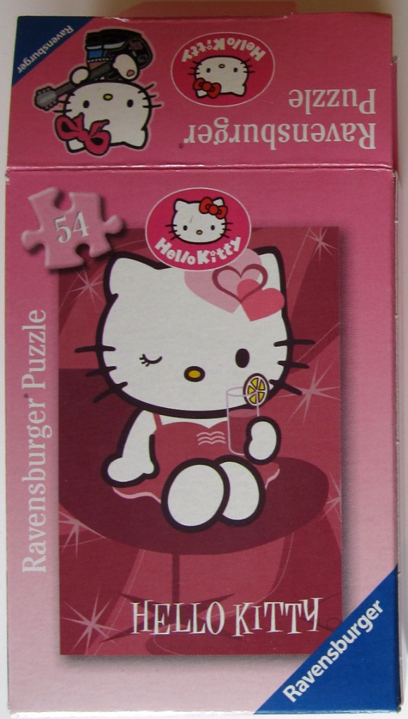 Hello Kitty illustration winking and holding a drink, set against a pink and maroon graphic background.