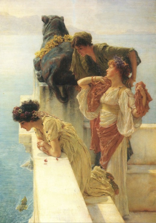 Three women in classical-style attire look over a terrace wall toward the sea, beside a sculpted lion statue.
