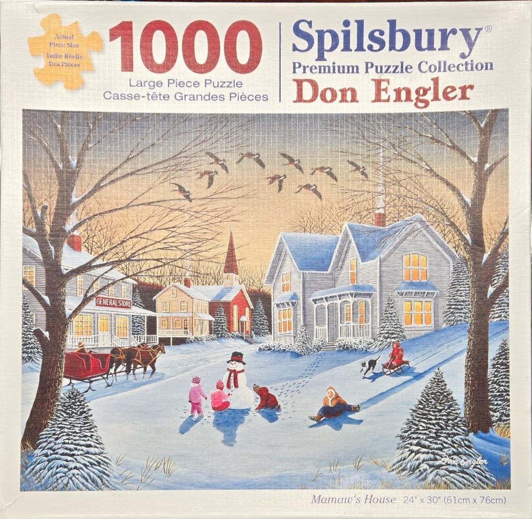 A wintry scene of a small town with a snowman, horse-drawn sleigh, and houses at dusk.