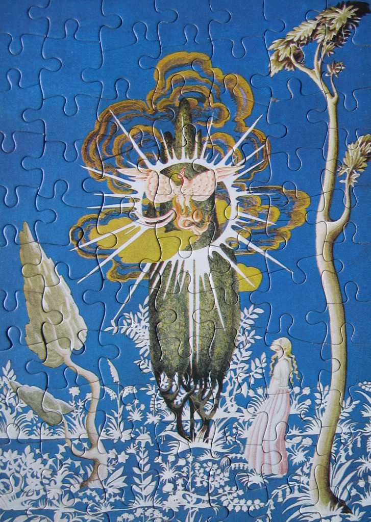 A surreal illustration of a white bird radiating light above a dark cypress tree in a blue landscape.