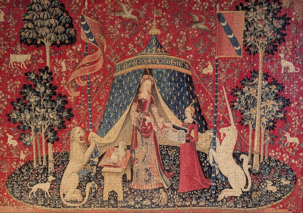 A detailed reproduction of the Lady and the Unicorn 'A Mon Seul Desir' tapestry featuring a noblewoman, lion, and unicorn.