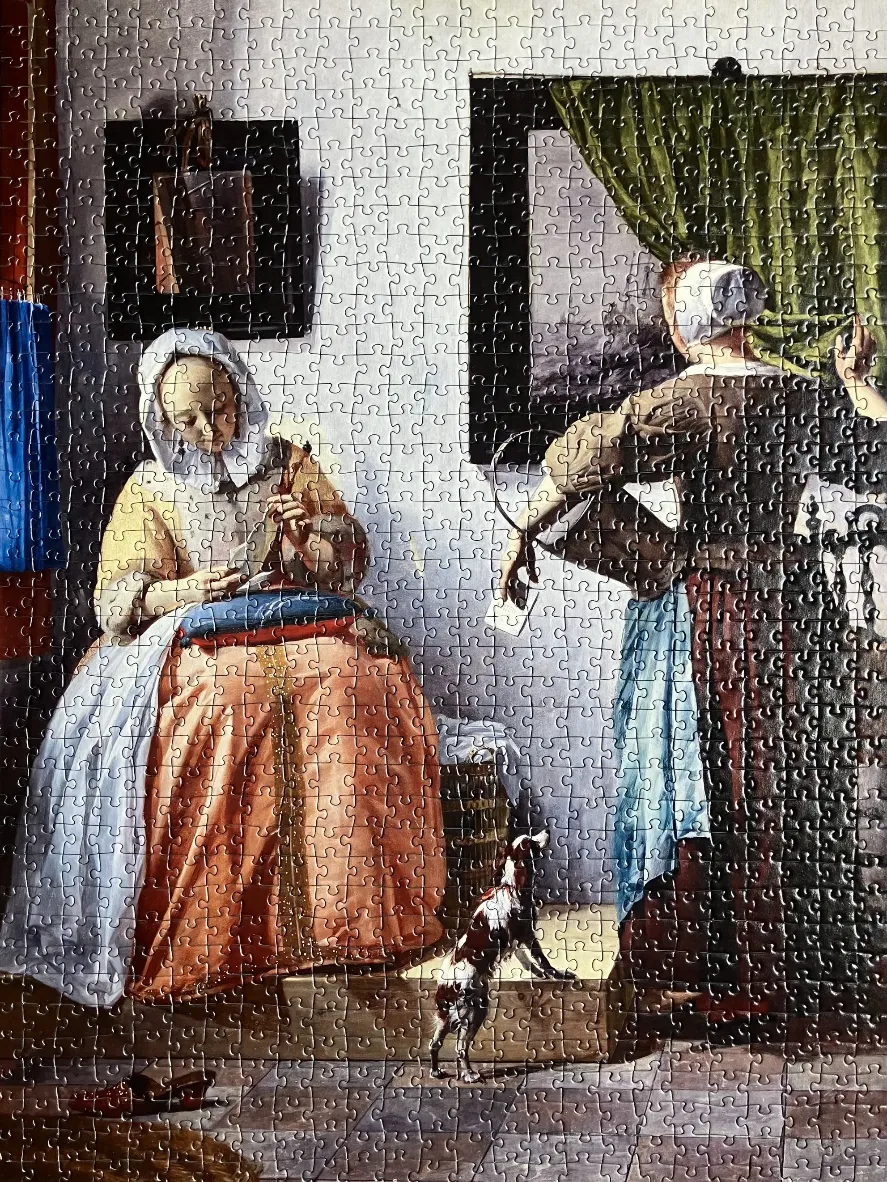 Classical Dutch interior scene featuring a woman sewing while another stands by a window with a dog.