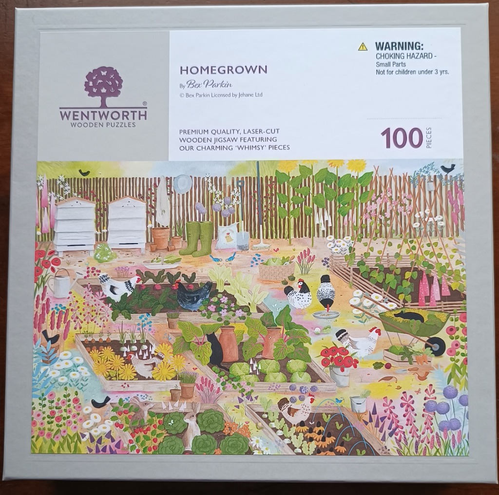 A whimsical garden scene featuring chickens, beehives, and raised vegetable beds in a folk art style.