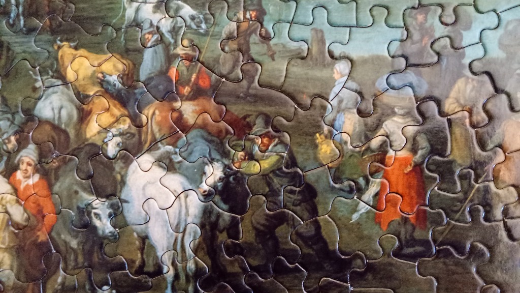 An oil painting style scene of peasants herding livestock in a rustic landscape.