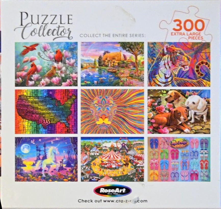 A collage of nine diverse colorful jigsaw puzzle themes including nature, animals, maps, and fantasy scenes.