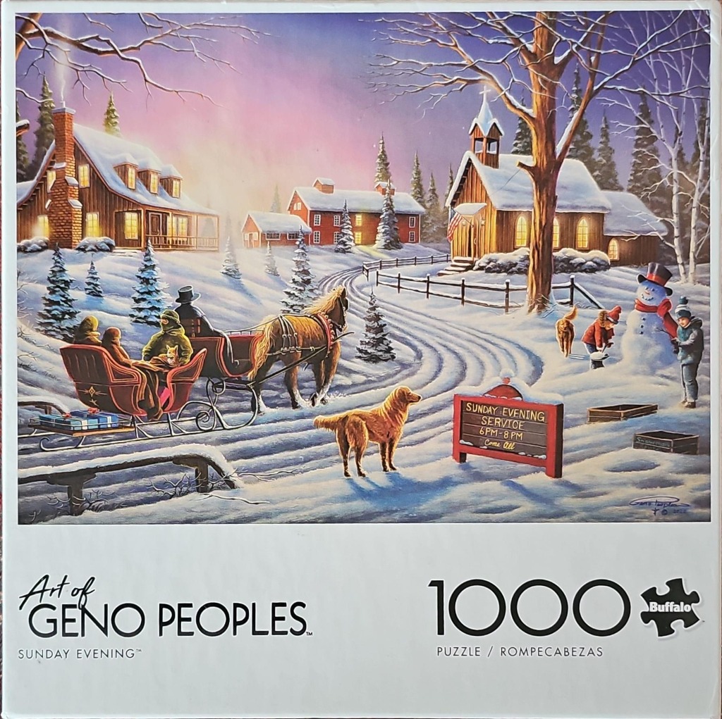 A winter village scene at twilight featuring a horse-drawn sleigh, a church, and children building a snowman.