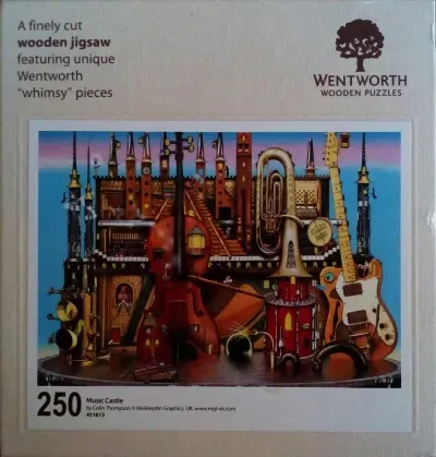 A whimsical illustration of a musical castle built from various string and brass instruments.