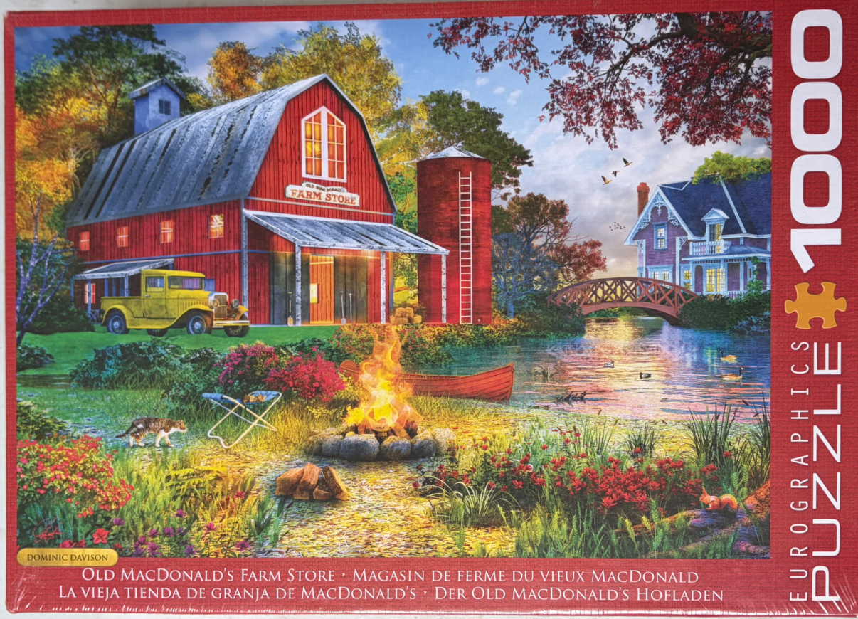 A rural farm scene with a red barn, a yellow vintage truck, a cozy bonfire, and a pond at sunset.