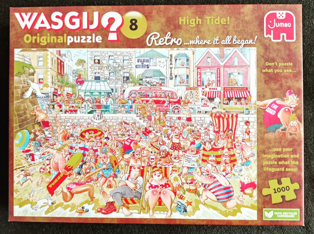A crowded, humorous cartoon illustration of a bustling seaside beach scene with many eccentric characters.