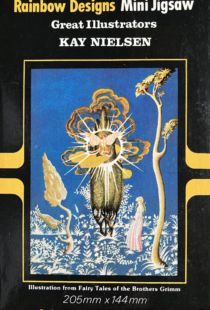 Kay Nielsen illustration of a winged creature, a radiant sun, and a woman in a floral forest