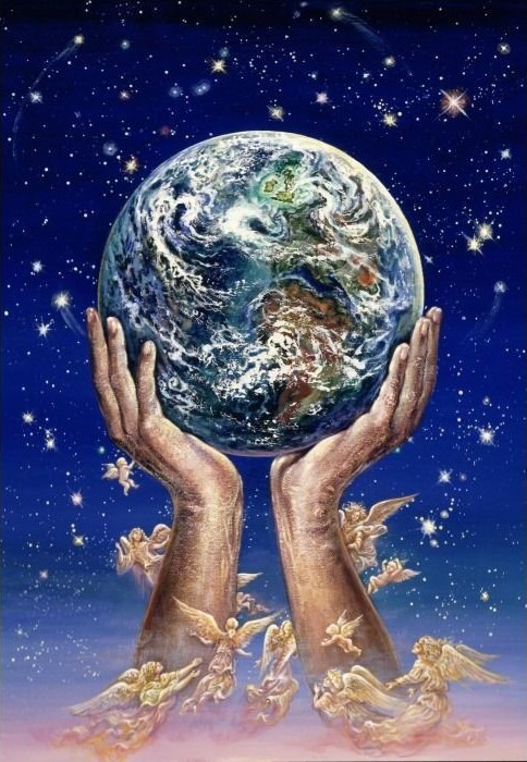 A pair of large hands cradling the planet Earth against a starry sky with surrounding angels.