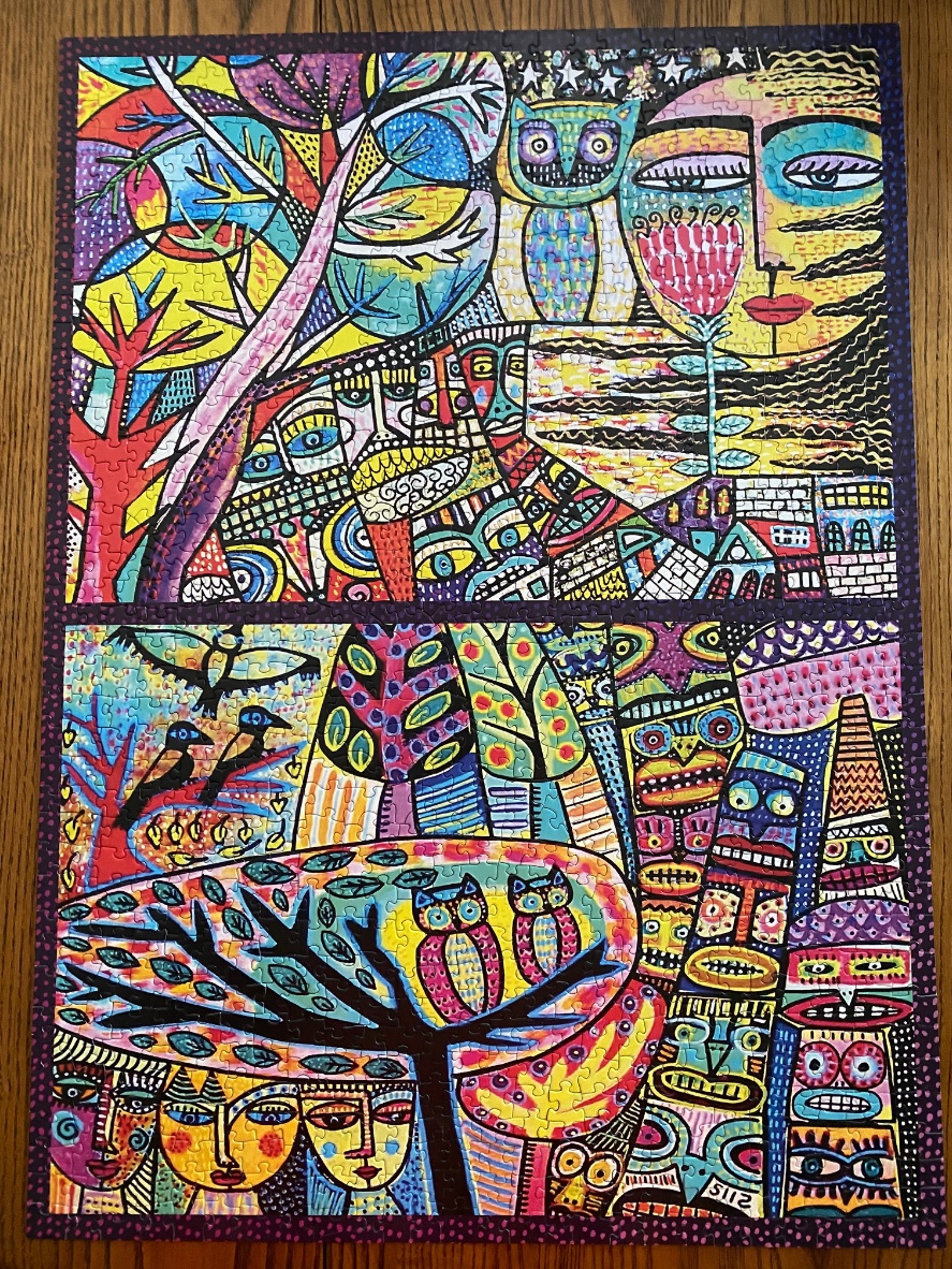 Whimsical, colourful folk art illustration featuring stylized faces, owls, trees, and totems.