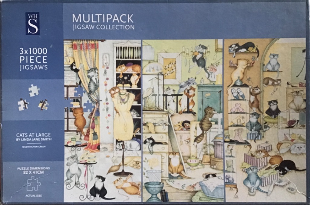 Illustration of three vertical panels filled with numerous cats in various rooms.