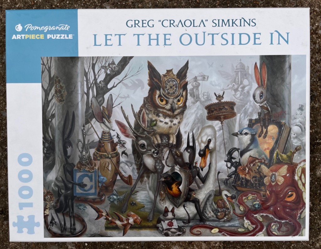 Surreal illustration featuring a large owl, deer, swan, octopus, and other whimsical creatures in a moody, grayscale forest.