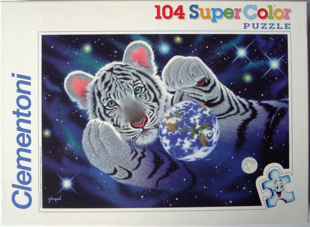An illustration of a white tiger cub playfully batting at a glowing globe against a backdrop of deep space.