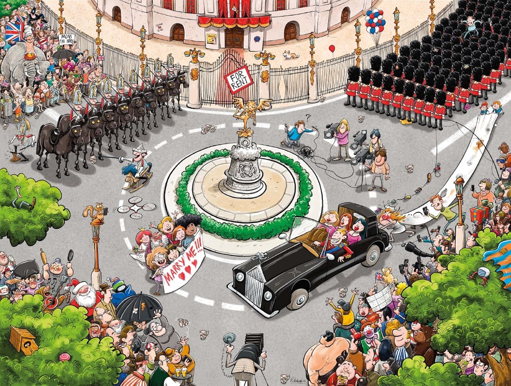 Busy cartoon scene of a royal procession, a black limousine, and a crowd gathering around a fountain.