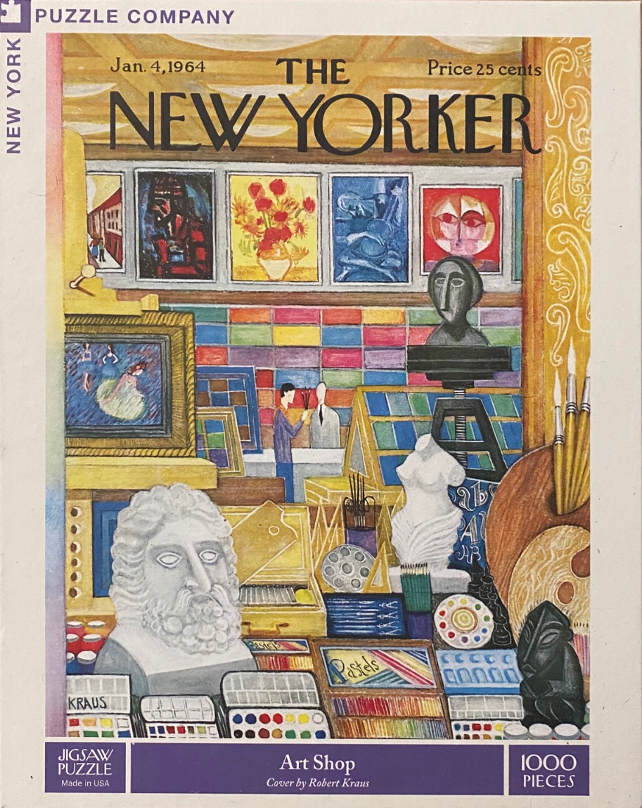 Illustration of an art supply shop filled with statues, paintings, and painting materials.