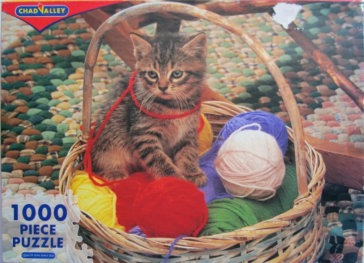 A tabby kitten sitting inside a woven basket filled with colorful yarn balls.