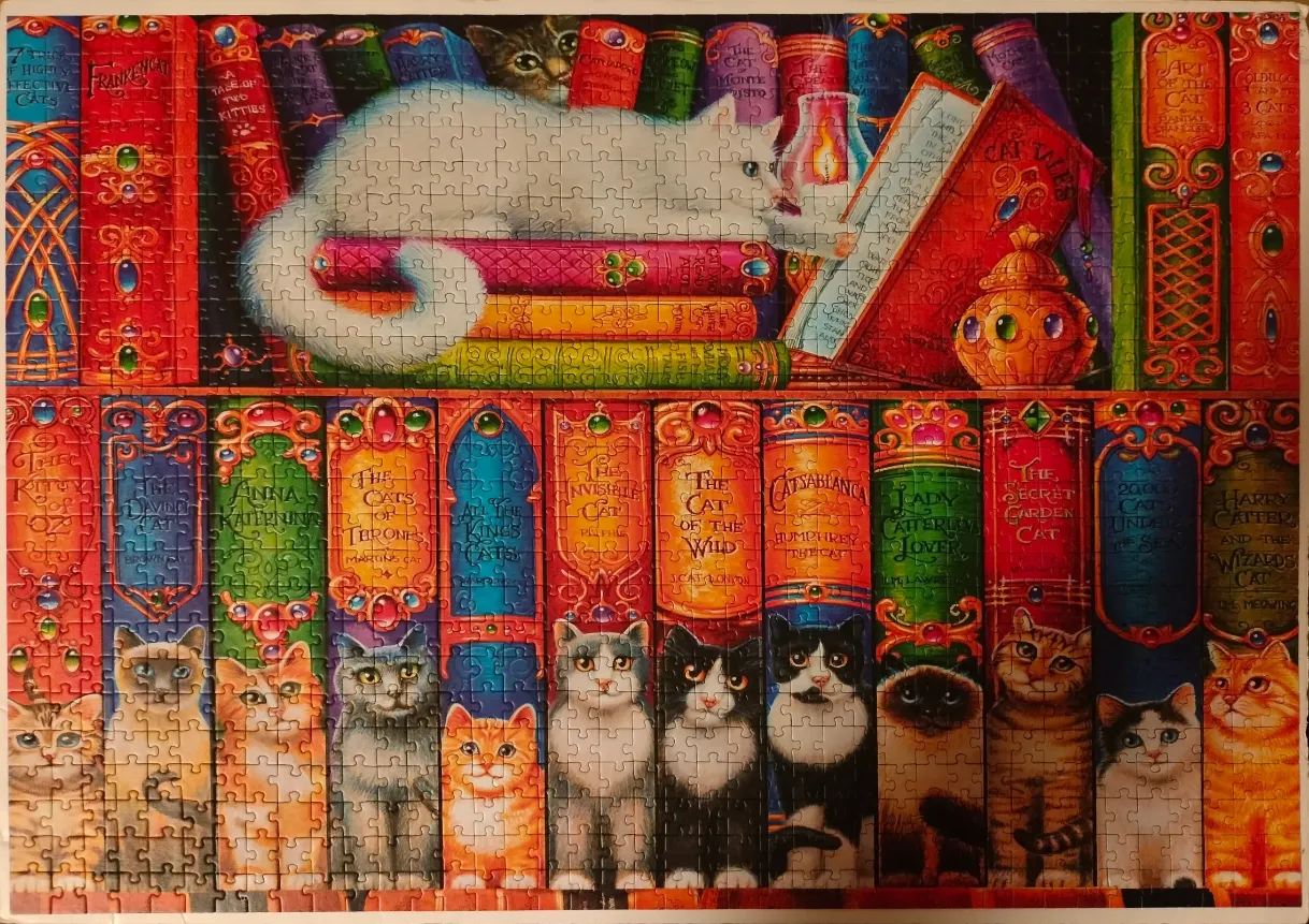 A whimsical illustration of many cats resting on and among shelves of ornate, jewel-toned fantasy books.