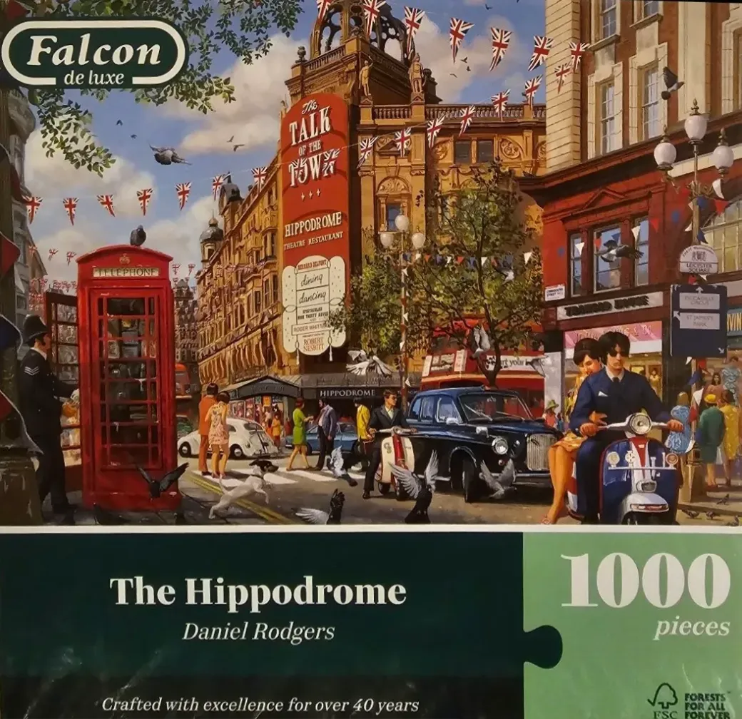 A nostalgic 1960s London street scene featuring the Hippodrome theater, red telephone boxes, and a vintage scooter.