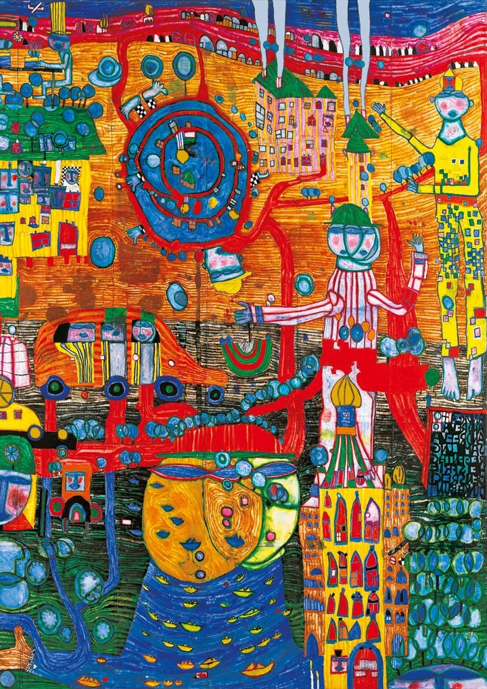 An abstract, vibrant, and surreal painting featuring whimsical buildings, stylized figures, and organic, swirling shapes.