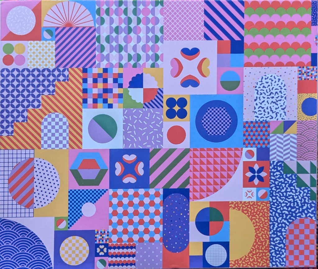 A colorful collage of various geometric shapes, patterns, and symbols arranged in a grid-like composition.