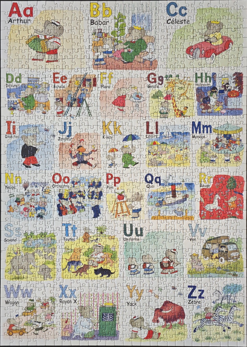 An illustrated alphabet chart featuring Babar the Elephant and friends, with each letter representing a specific word.