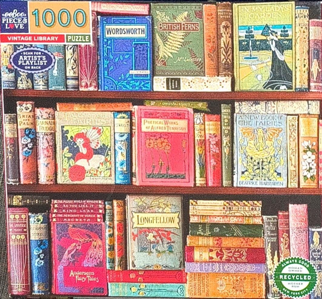 A close-up illustration of three wooden shelves filled with vintage, decorative books.