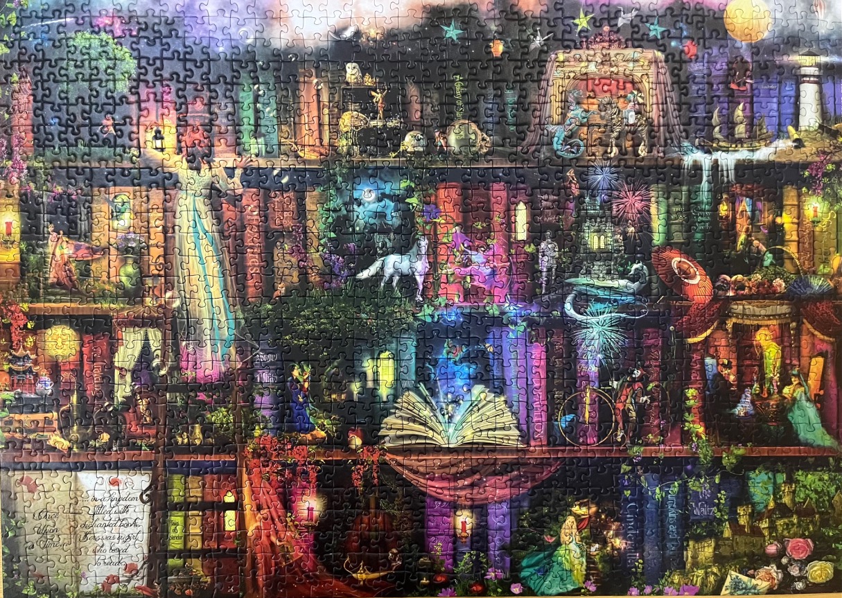 An illustration of a magical, multi-tiered fantasy library filled with books and fairytale characters.