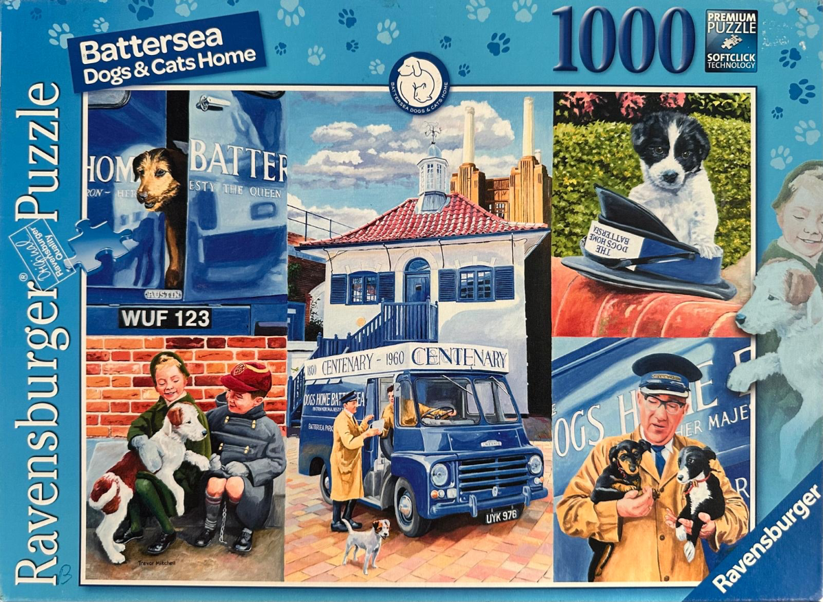Collage of scenes featuring dogs, volunteers, and vintage vehicles at Battersea Dogs & Cats Home.