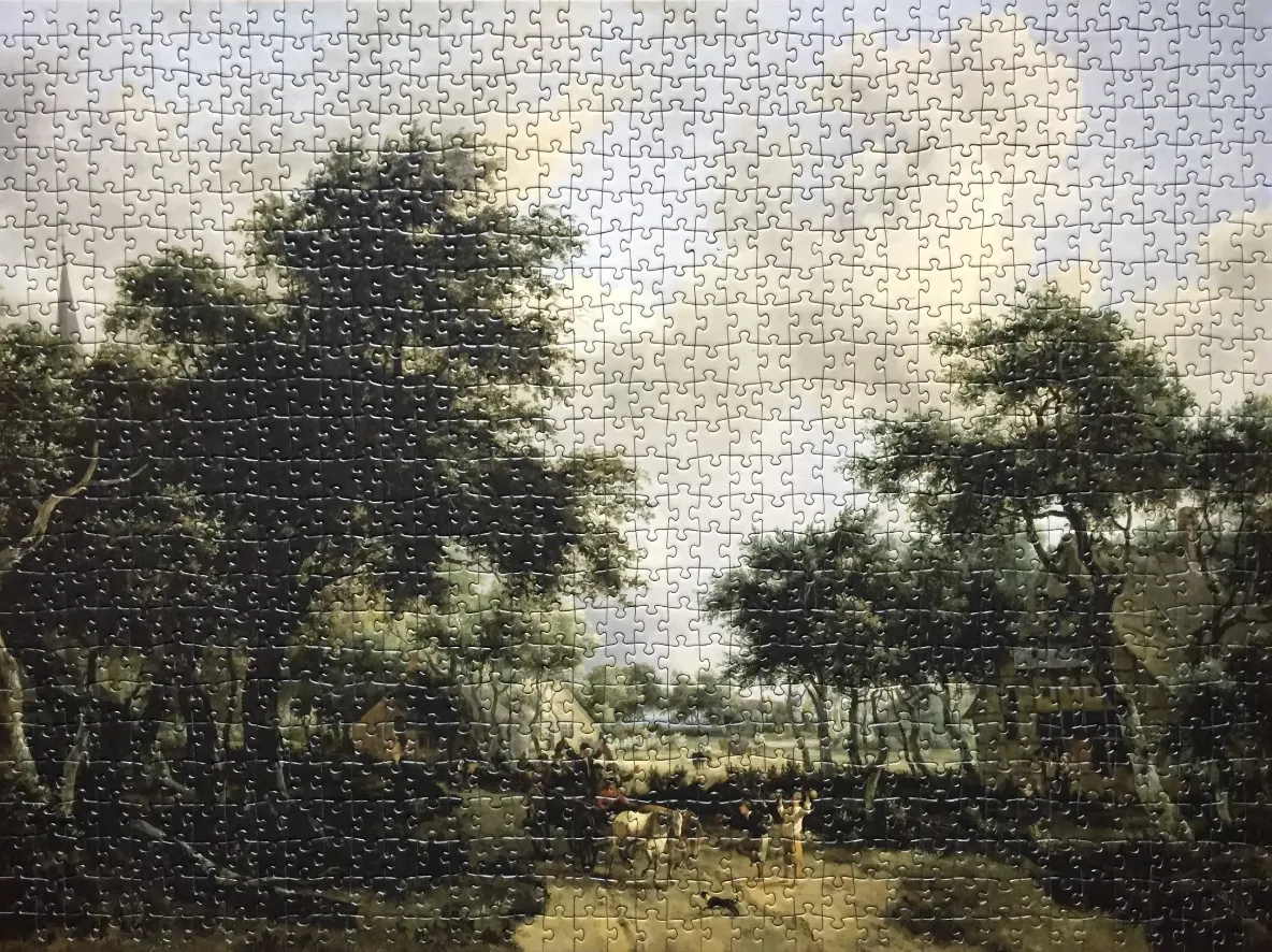 An oil painting of a rural Dutch village scene with a horse-drawn cart and lush, dark trees under a cloudy sky.