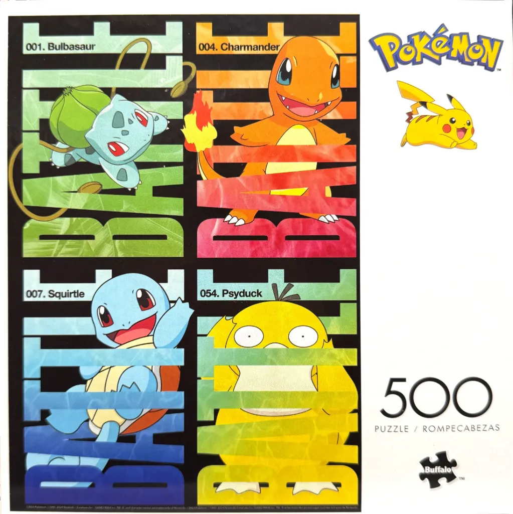 Four grid panels featuring Bulbasaur, Charmander, Squirtle, and Psyduck overlaid with the repeating word BATTLE.